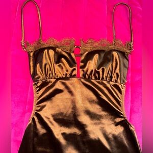 Sexy Brown silky bodycon dress with lace detail and leg slit/cute back (SOLD)